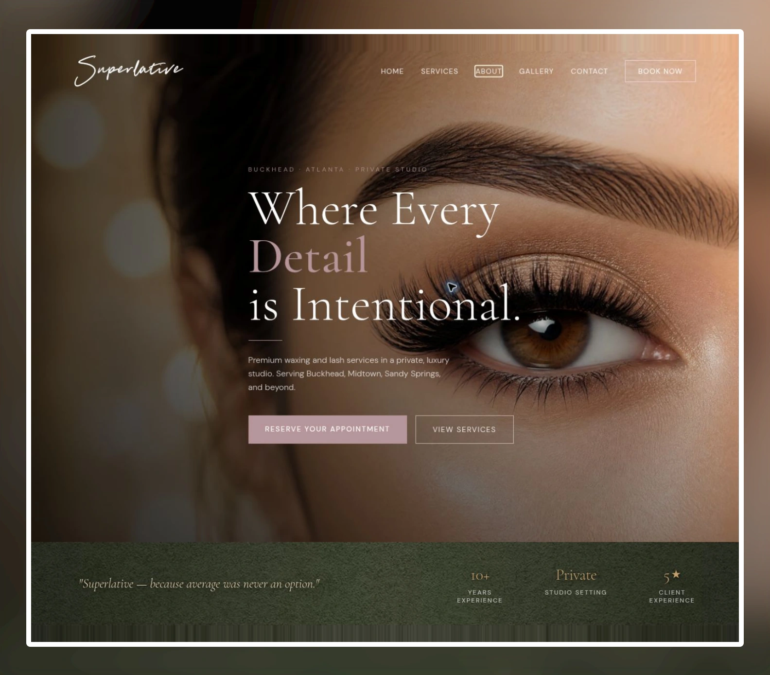 The completed Superlative Society one-page website, with lash photography, elegant type and a clear booking invitation.