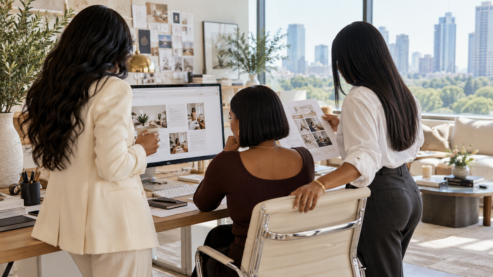 The studio team reviewing a website build on desktop alongside printed page layouts.