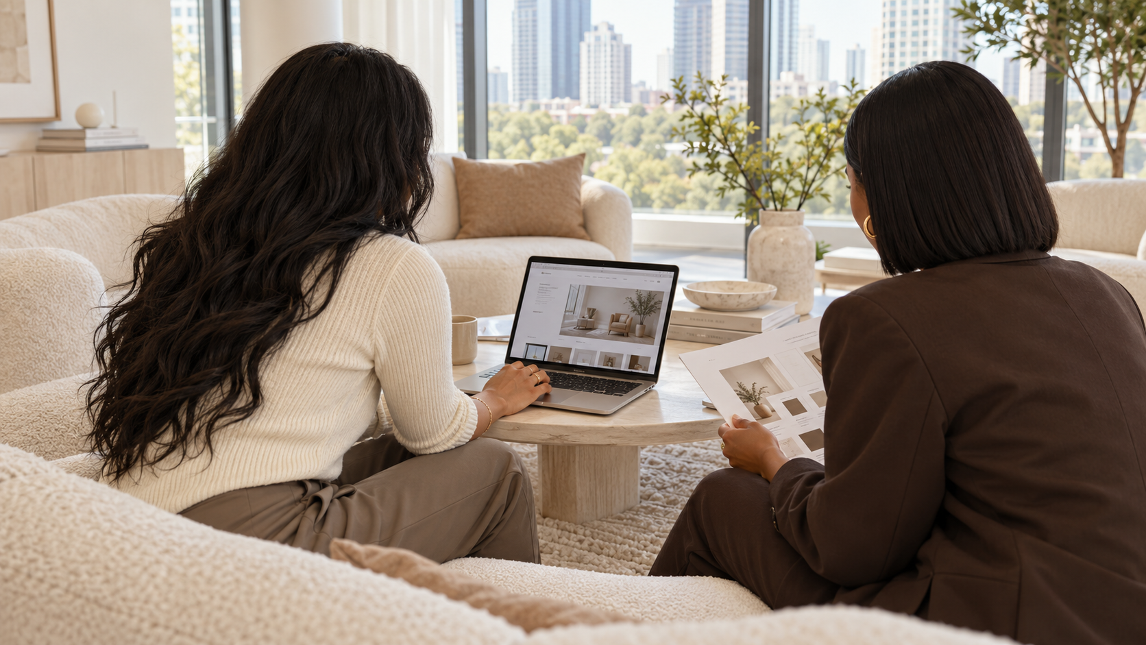 Two women reviewing a website and printed designs in a sunlit studio lounge.